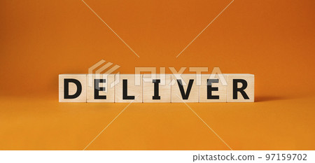 Deliver symbol. Concept word Deliver on wooden cubes. Beautiful orange background. Business and Deliver concept. Copy space. Deliver symbol. Concept word Deliver on wooden cubes. Beautiful orange background. Business and Deliver concept. Copy space. 97159702