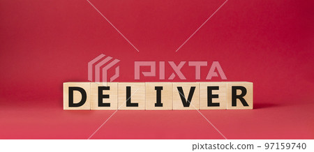 Deliver symbol. Concept word Deliver on wooden cubes. Beautiful red background. Business and Deliver concept. Copy space. Deliver symbol. Concept word Deliver on wooden cubes. Beautiful red background. Business and Deliver concept. Copy space. 97159740