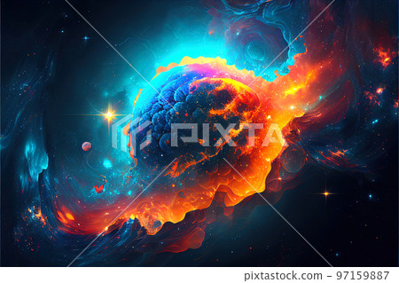 illustration on the theme of life in space with super bright colors and planets and stars 97159887