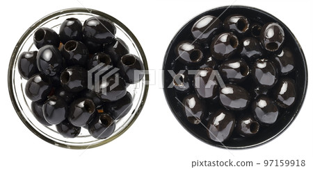 Delicious black olives in bowl isolated on white 97159918
