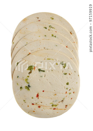 Vegetarian boiled sausage with green olives 97159919