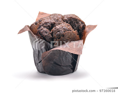 Chocolate muffin in brown paper isolated on white Chocolate muffin in brown paper isolated on white 97160018