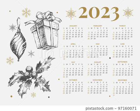 2023 Calendar year vector illustration. The week starts on Sunday. Christmas snowflakes calendar 2023 template. Calendar design Sunday in red colors. Vector 2023 Calendar year vector illustration. The week starts on Sunday. Christmas snowflakes calendar 2023 template. Calendar design Sunday in red colors. Vector 97160071