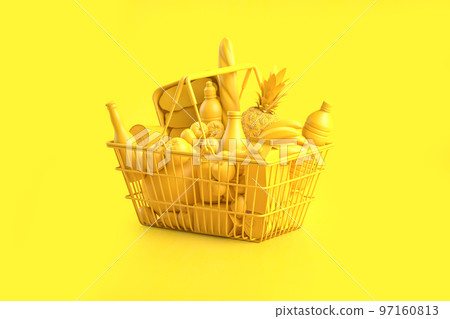 Yellow shopping basket with yellowfood on yellow background. Food buyng online and delivery. Yellow shopping basket with yellowfood on yellow background. Food buyng online and delivery. 97160813
