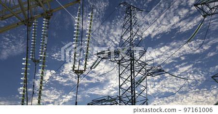 Electricity pylon (high voltage power line) on the background of the cloudy sky Electricity pylon (high voltage power line) on the background of the cloudy sky 97161006