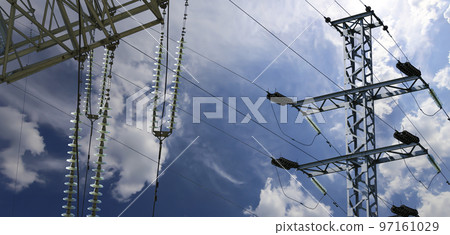 Electricity pylon (high voltage power line) on the background of the cloudy sky 97161029