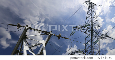 Electricity pylon (high voltage power line) on the background of the cloudy sky 97161030