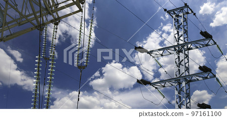 Electricity pylon (high voltage power line) on the background of the cloudy sky Electricity pylon (high voltage power line) on the background of the cloudy sky 97161100