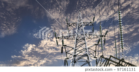 Electricity pylon (high voltage power line) against the background of a romantic evening sky Electricity pylon (high voltage power line) against the background of a romantic evening sky 97161131