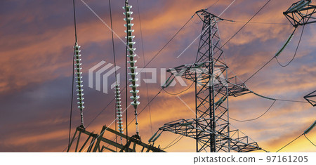 Electricity pylon (high voltage power line) against the background of a romantic evening sky 97161205