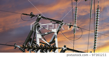 Electricity pylon (high voltage power line) against the background of a romantic evening sky 97161211