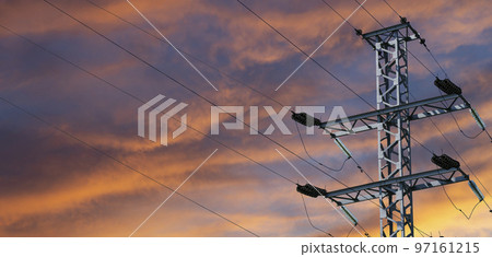Electricity pylon (high voltage power line) against the background of a romantic evening sky 97161215