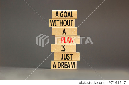 Goal and plan symbol. Concept words A goal without a plan is just a dream on wooden blocks. Beautiful grey background copy space. Business plan motivational goal or dream concept. Goal and plan symbol. Concept words A goal without a plan is just a dream on wooden blocks. Beautiful grey background copy space. Business plan motivational goal or dream concept. 97161547