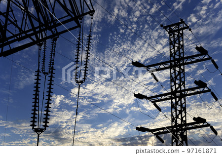 Electricity pylon (high voltage power line), black contour, on the background of the cloudy sky Electricity pylon (high voltage power line), black contour, on the background of the cloudy sky 97161871