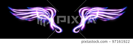 Abstract glowing stylized wings, isolated on black background in blue and violet toned. Neon glow angel wing. Happy Valentines day, attributes. 97161922