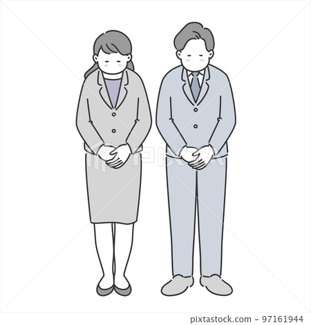 Illustration material of men and women in suits bowing, whole body Illustration material of men and women in suits bowing, whole body 97161944