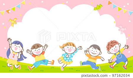 Children jump illustration banner frame (rectangular, pink version) 97162034