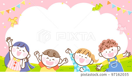 Children jump illustration banner frame (rectangle, zoom, pink version) 97162035