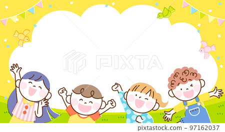 Children jump illustration banner frame (rectangle, zoom, yellow version) 97162037