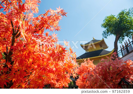 Fake red maple leaf by Golden pavillion of Kinkakuji temple Fake red maple leaf by Golden pavillion of Kinkakuji temple 97162859