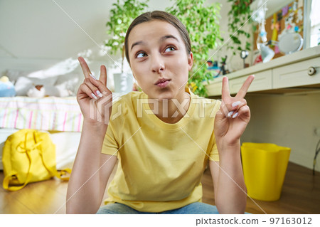 Teenage female student having video call, looking at webcam 97163012