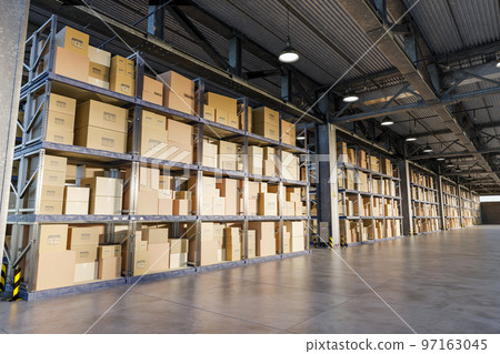 3D illustration. Cardboard boxes on storage warehouse shelves. 97163045