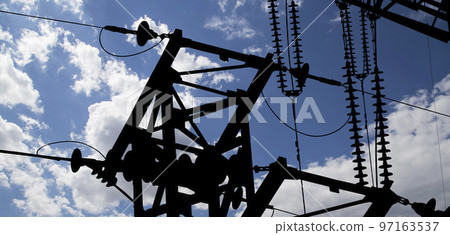 Electricity pylon (high voltage power line), black contour, on the background of the cloudy sky Electricity pylon (high voltage power line), black contour, on the background of the cloudy sky 97163537