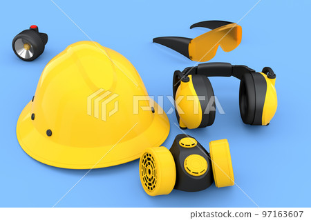 Set of construction wear for repair and installation on blue background Set of construction wear for repair and installation on blue background 97163607