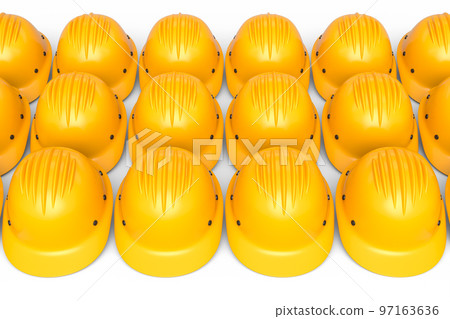 Set of safety helmets or hard caps for carpentry work in row on white background 97163636