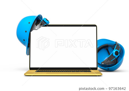 Set of safety helmets or hard caps and laptop on white background 97163642