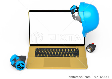 Set of safety helmets or hard caps, respirator and laptop on white background Set of safety helmets or hard caps, respirator and laptop on white background 97163645
