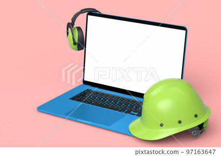 Set of safety helmets or hard caps, headphones and laptop on pink background Set of safety helmets or hard caps, headphones and laptop on pink background 97163647