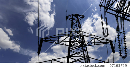 Electricity pylon (high voltage power line), black contour, on the background of the cloudy sky Electricity pylon (high voltage power line), black contour, on the background of the cloudy sky 97163739