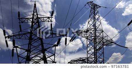 Electricity pylon (high voltage power line), black contour, on the background of the cloudy sky Electricity pylon (high voltage power line), black contour, on the background of the cloudy sky 97163781