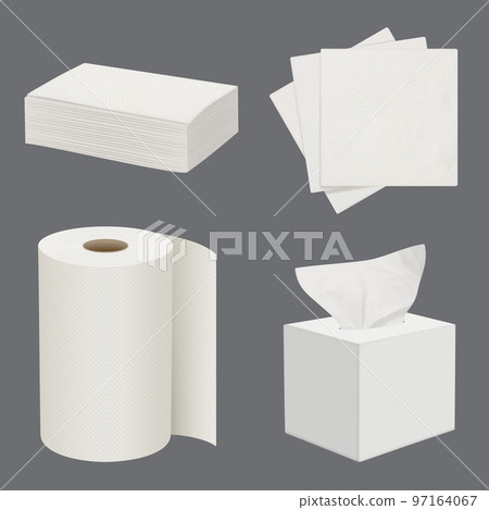 Napkins realistic. Soft white paper and kitchen towels for self hygiene decent vector cartoon mockup templates Napkins realistic. Soft white paper and kitchen towels for self hygiene decent vector cartoon mockup templates 97164067