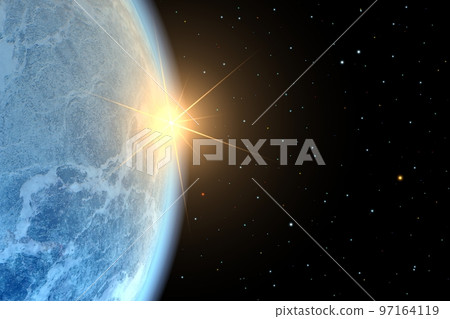 Planet Earth or alien planet with a rising sun in space 97164119