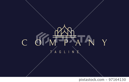Vector golden logo on which an abstract image of a palace with arches in a linear style. Vector golden logo on which an abstract image of a palace with arches in a linear style. 97164130