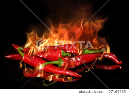 red chili pepper on fire on a black background 97164285