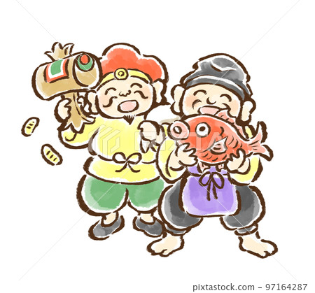 Hand-drawn illustration of Ebisuten and Daikokuten looking up with a sea bream and a mallet 97164287