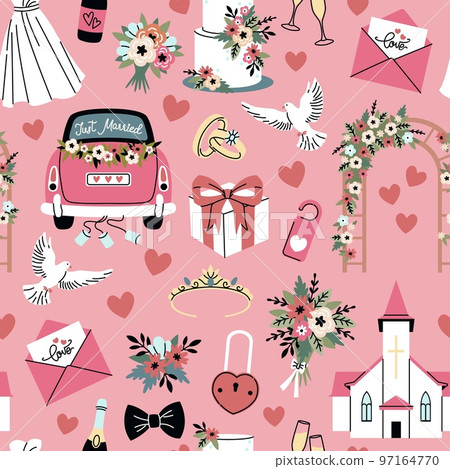 Cartoon wedding seamless pattern. Engagement party elements, bride and groom accessories, rings and dove, love symbols, church and car, festive cake. Decor textile, tidy vector background 97164770