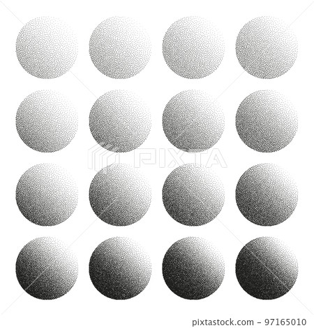 Round shaped dotted objects, stipple elements. Fading gradient. Stippling, dotwork drawing, shading using dots. Pixel disintegration, halftone effect. White noise grainy texture. Vector illustration 97165010