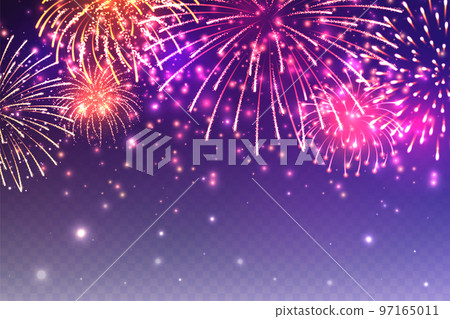 Realistic festive fireworks with transparency effect. Colorful explosion with bright sparks. Christmas or New Year greeting card design element. Diwali festival of lights. Vector illustration Realistic festive fireworks with transparency effect. Colorful explosion with bright sparks. Christmas or New Year greeting card design element. Diwali festival of lights. Vector illustration 97165011