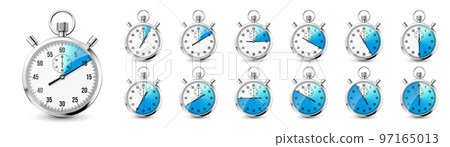 Realistic classic stopwatch icons. Shiny metal chronometer, time counter with dial. Blue countdown timer showing minutes and seconds. Time measurement for sport, start and finish. Vector illustration Realistic classic stopwatch icons. Shiny metal chronometer, time counter with dial. Blue countdown timer showing minutes and seconds. Time measurement for sport, start and finish. Vector illustration 97165013