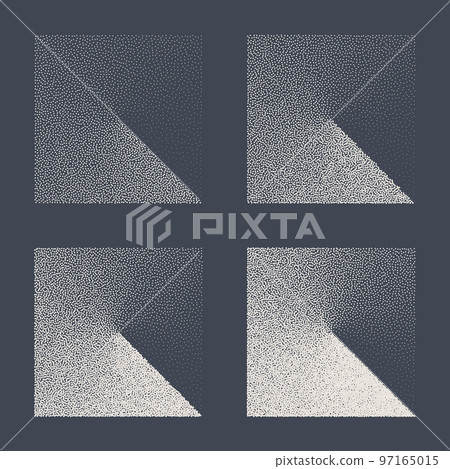 Square shaped dotted objects, stipple elements. Fading gradient. Stippling, dotwork drawing, shading using dots. Pixel disintegration, halftone effect. White noise grainy texture. Vector illustration Square shaped dotted objects, stipple elements. Fading gradient. Stippling, dotwork drawing, shading using dots. Pixel disintegration, halftone effect. White noise grainy texture. Vector illustration 97165015