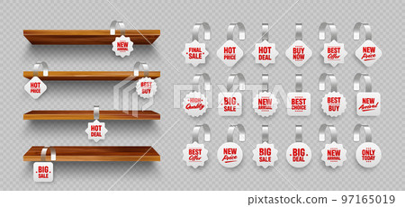 Wooden store shelves with supermarket promotional wobblers. Product shelf and advertising wobbler. Grocery wall rack. Sale or discount label, special offer price tag. Vector illustration 97165019