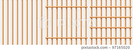 Realistic wooden lattice, rural picket fence. Farm or village house boundary, garden enclosing planks. Detailed wooden jail cage. Criminal background mockup. Creative vector illustration 97165020