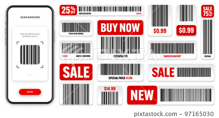 Product barcodes. Smartphone application, scanner app. Sale stickers, discount label or promotional badge. Serial number, product ID. Store, supermarket scan labels, price tag. Vector illustration Product barcodes. Smartphone application, scanner app. Sale stickers, discount label or promotional badge. Serial number, product ID. Store, supermarket scan labels, price tag. Vector illustration 97165030