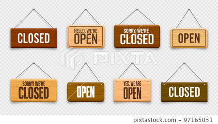 Wooden open or closed hanging signboards. Made of wood door sign for cafe, restaurant, bar or retail store. Announcement banner, information signage for business or service. Vector illustration 97165031