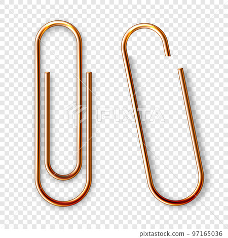 Realistic copper paperclip attached to paper isolated on white background. Shiny metal paper clip, page holder, binder. Workplace office supplies. Vector illustration 97165036