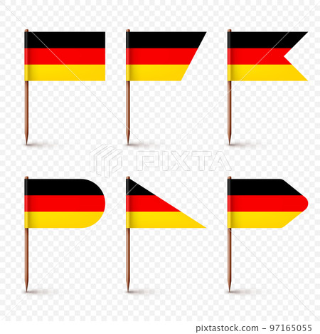 Realistic various German toothpick flags. Souvenir from Germany. Wooden toothpicks with paper flag. Location mark, map pointer. Blank mockup for advertising and promotions. Vector illustration 97165055